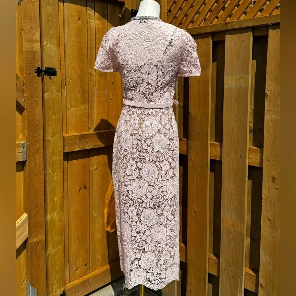 🆕 SELF-PORTRAIT 🧿 BNWOT Pink Lace Diamante Bow Midi Dress, Sz US 4 / UK 8 - Picture 9 of 16